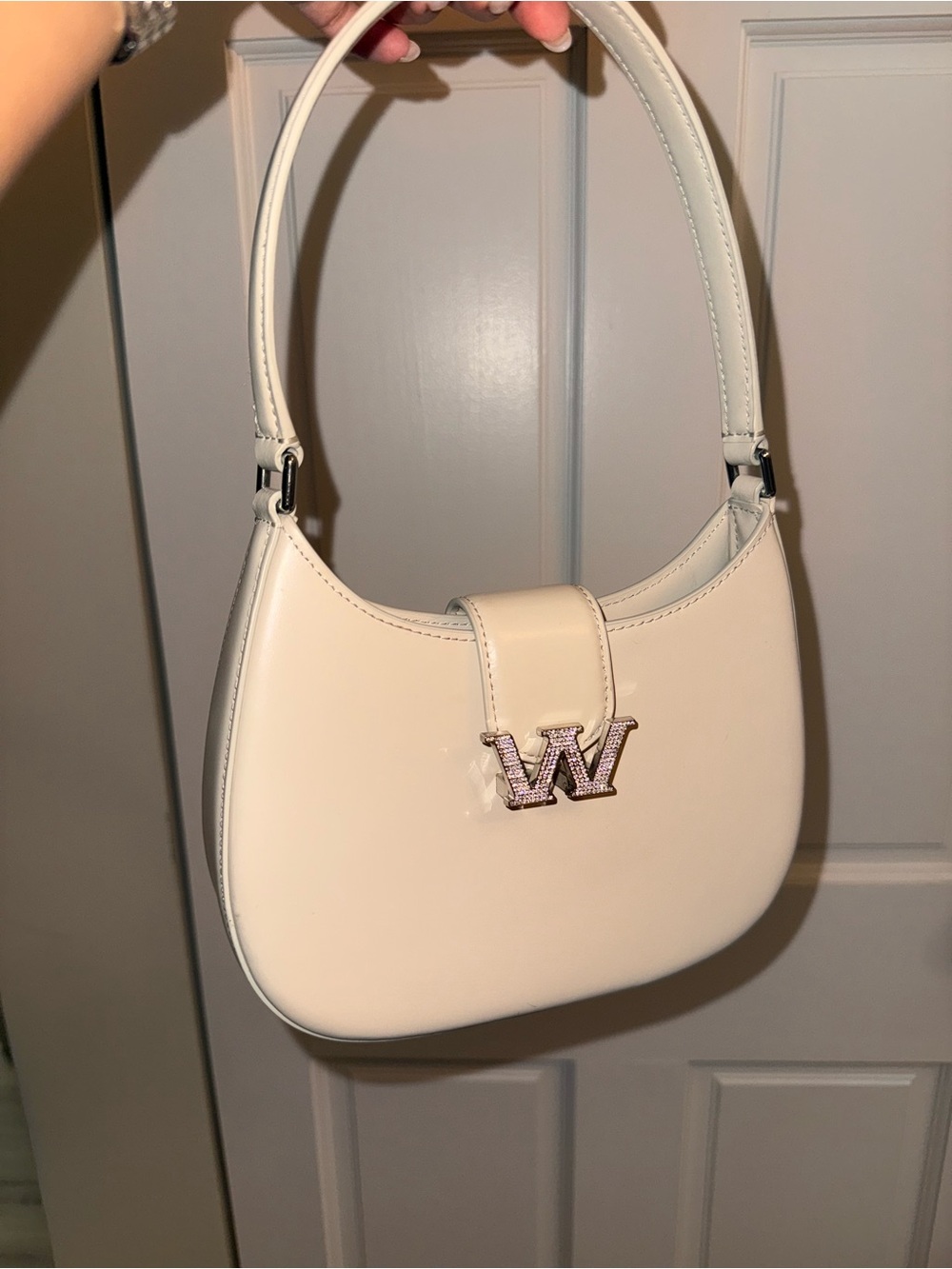 Alexander Wang Cream Patent Shoulder Bag with W Rhinestone Accent